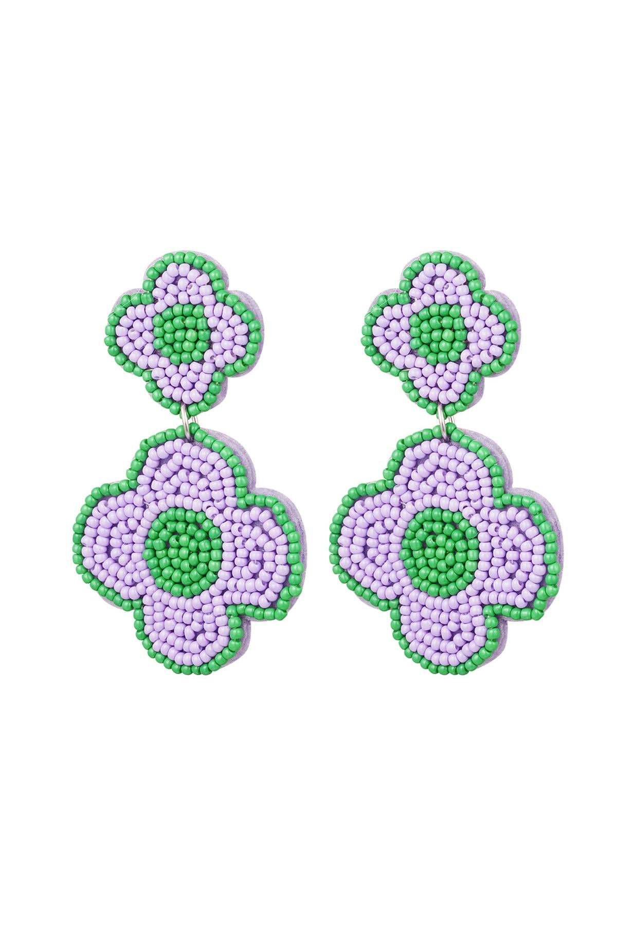 Kralenoorbellen bloemen lila/groen
